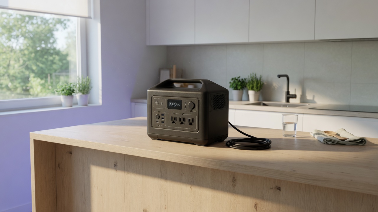 A portable power station on a kitchen counter